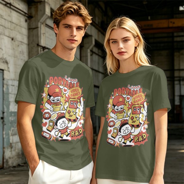 Olive T-Shirt With Retro Portable Video Games Cartoon Print