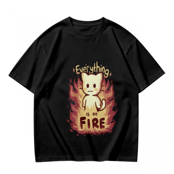 Olive Graphic T-Shirt With Everything Is On Fire Cat Design