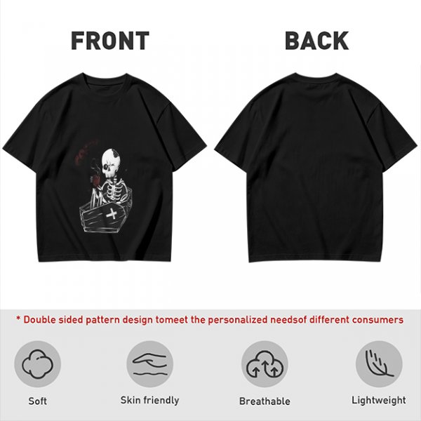 Olive T-shirt with Skeleton in Coffin Holding Coffee Print