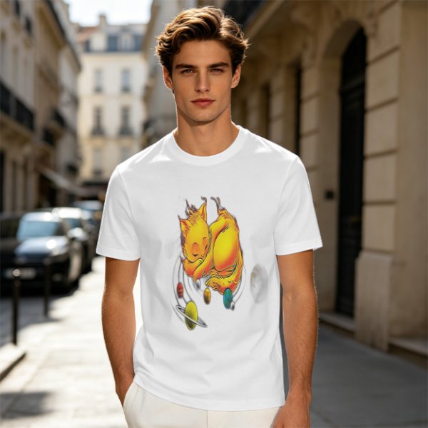 Olive T-Shirt With Sleeping Cosmic Cat And Planets Graphic
