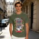 Olive green graphic t-shirt with a cartoon metal cat playing guitar