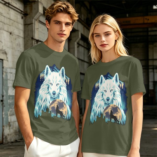 Olive T-Shirt With White Wolf And Howling Wolf Moon Graphic