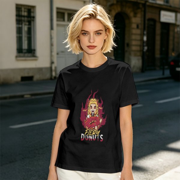 Olive Graphic T-Shirt With Fiery Donut Anime Character Print