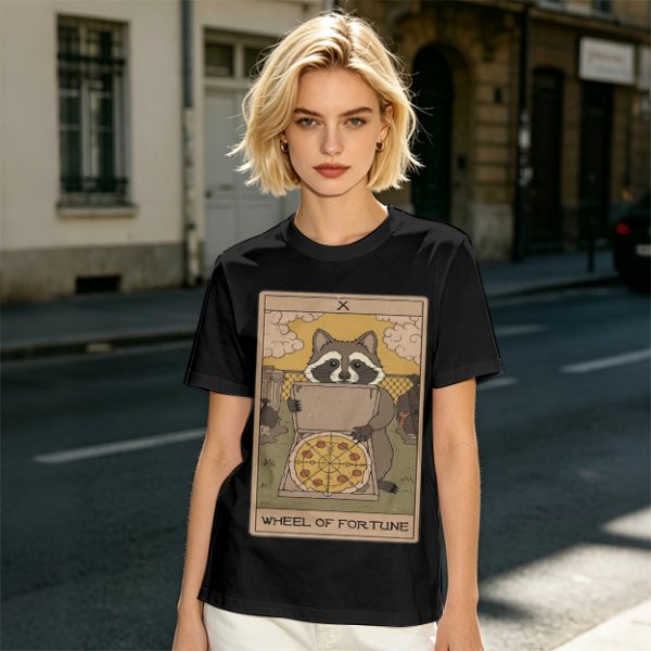 Raccoon Wheel of Fortune Tarot Pizza T-Shirt