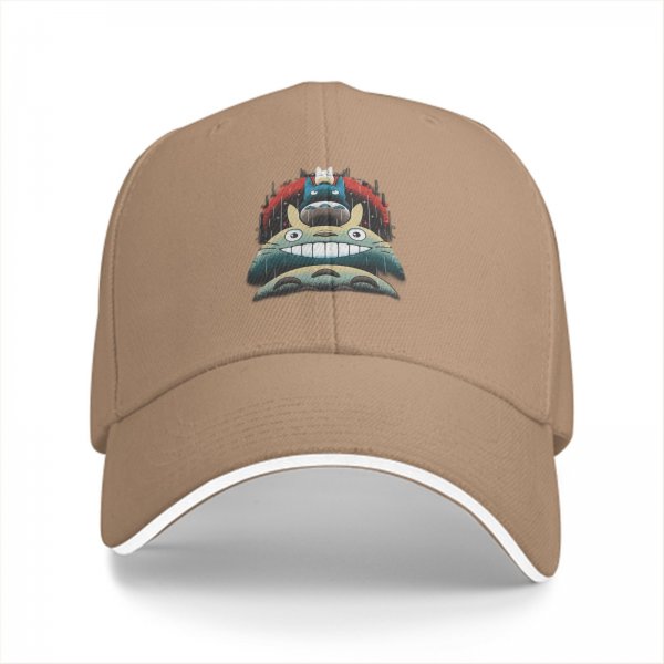 Black baseball cap with stacked Totoro characters in rainy scene