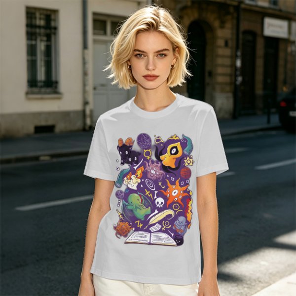 Olive T-Shirt With Cute Occult Monster And Spell Book Print
