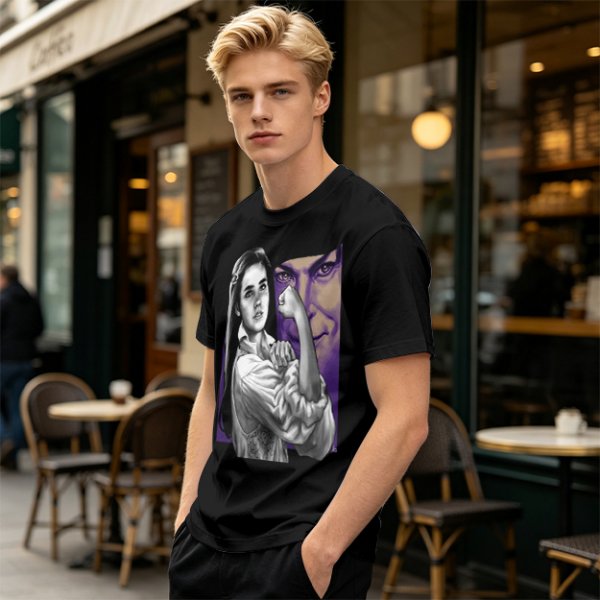 Olive T-shirt with vintage woman flexing arm graphic print