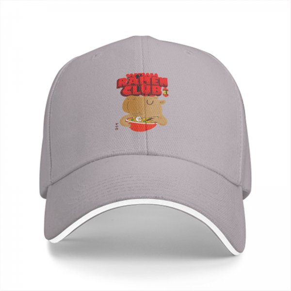 Black baseball cap with capybara eating ramen ramen club print