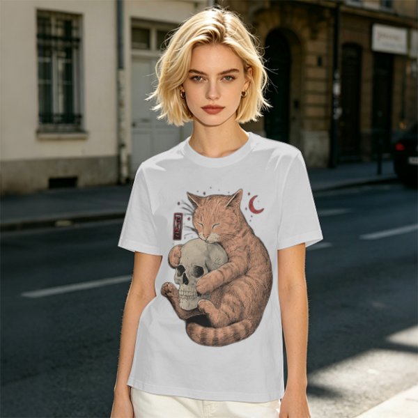 Olive T-Shirt Featuring a Ginger Cat Hugging a Skull
