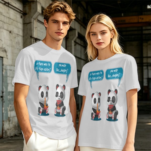 Olive t-shirt with pandas discussing life beyond eating and sleeping