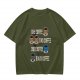 Olive green graphic tee with coffee cup illustrations and playful coffee text