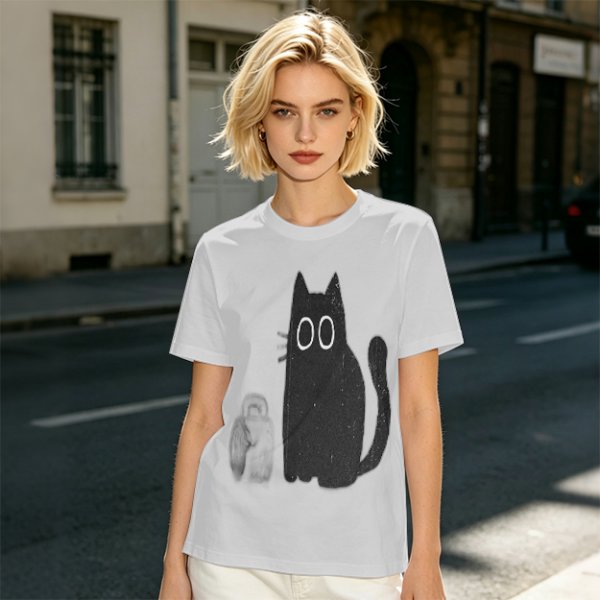 Oversized Olive T-Shirt With Cute Black Cat Graphic Print