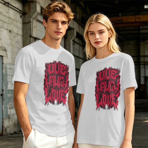 Olive green graphic t-shirt with dark metal style Live Laugh Love print