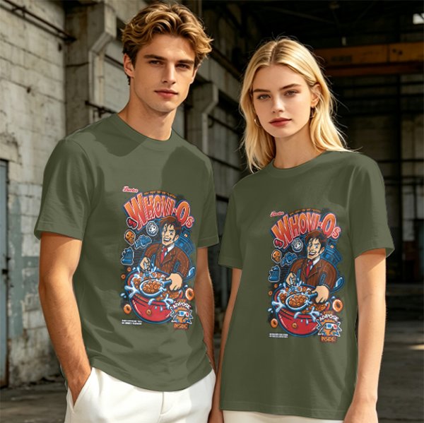 Olive green t-shirt with Doctor Who themed Whovio's cereal graphic