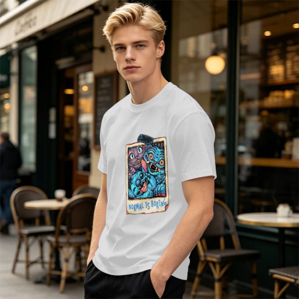 Olive t-shirt with monster polaroid print that says Normal Is Boring