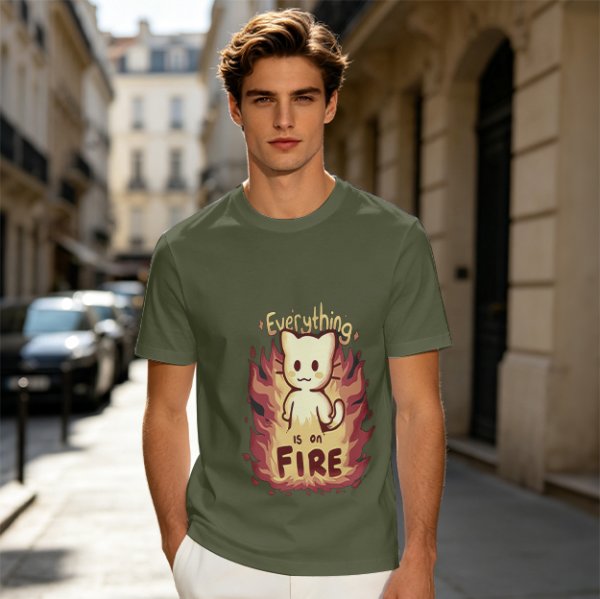 Olive Graphic T-Shirt With Everything Is On Fire Cat Design