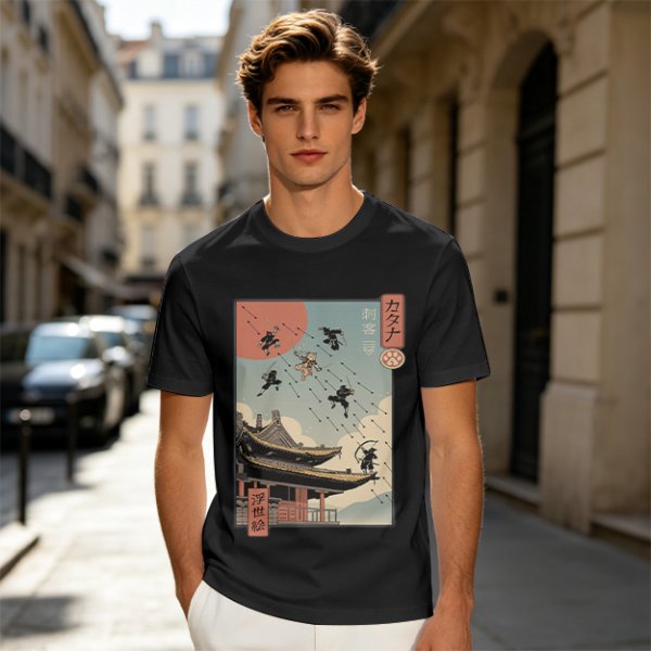 Olive T-Shirt with Ukiyo-e Style Ninja Temple Print