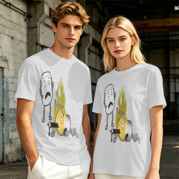 Olive T-Shirt With Cartoon Marshmallow and Burning Character Print