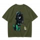 Olive T-shirt with cartoon dinosaur in Darth Vader helmet and chicken print
