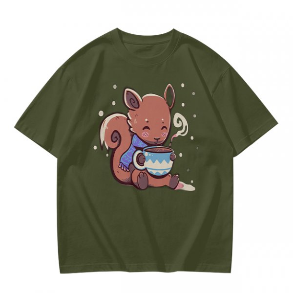 Olive T-Shirt With Cute Squirrel Holding Hot Drink Winter Art