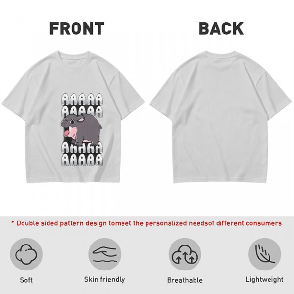 Olive t-shirt with screaming baby hippo and repeated A text