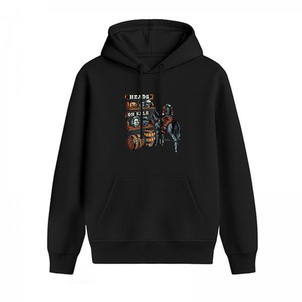 Black hoodie with 'Heads On Sale' spooky horseman and skull shelf graphic
