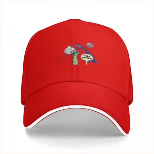 Black baseball cap with 'More Coffee!' monster graphic print