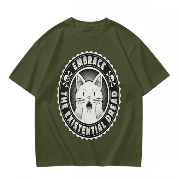 Olive t-shirt with 'Embrace the Existential Dread' screaming cat graphic