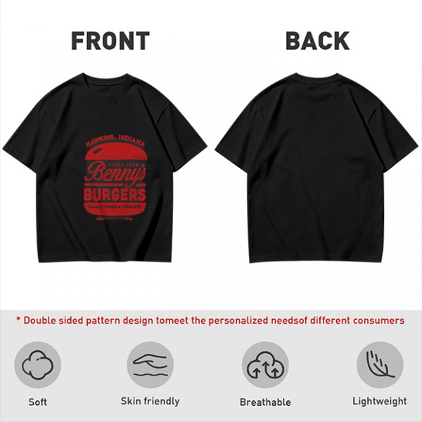 Olive green t-shirt with Benny's Burgers Hawkins Indiana graphic