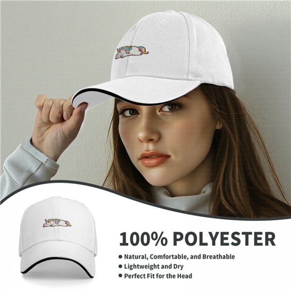 Black baseball cap with a cute lying rainbow unicorn graphic