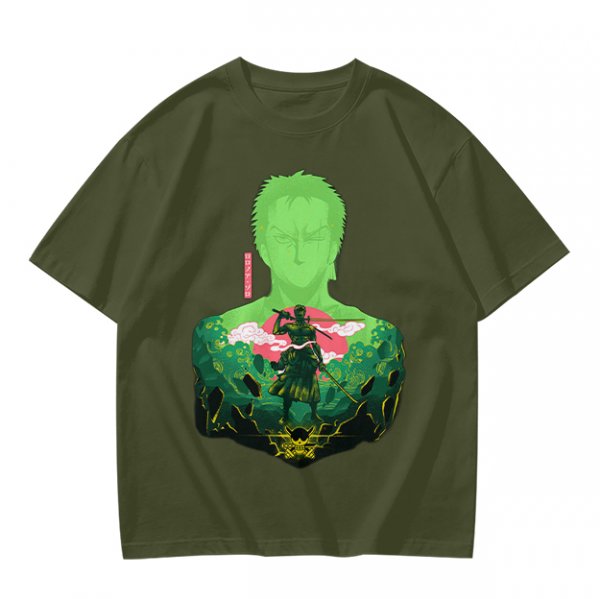 Olive Anime T-Shirt With Samurai Warrior Silhouette Art