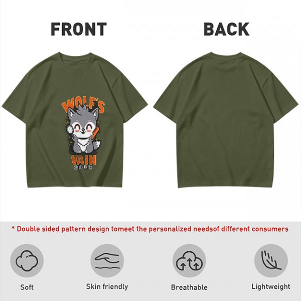 Olive t-shirt with cute wolf vanity graphic and playful text
