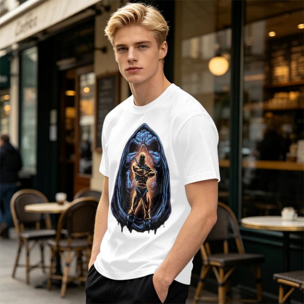 Olive T-Shirt with Muscular Hero Emerging from Hooded Figure Art