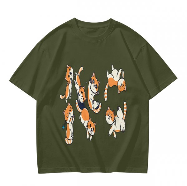 Olive T-Shirt With Playful Orange Kitten Illustrations