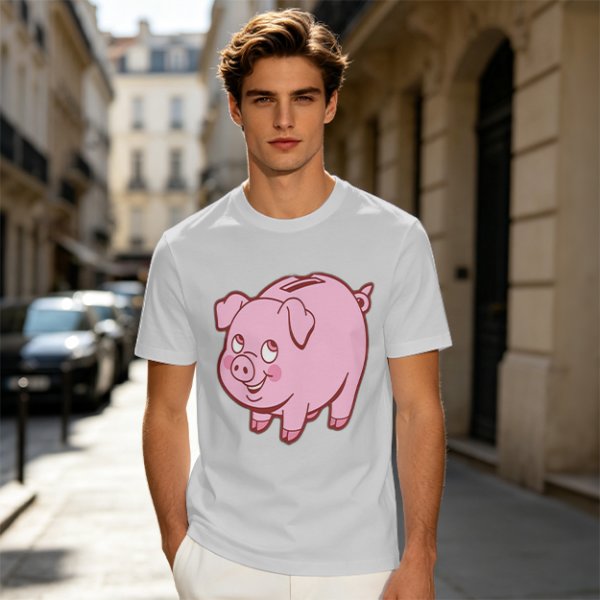 Olive Green T-Shirt With Cute Pink Piggy Bank Graphic Print