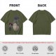 Olive T-shirt with Totoro and masked figure under umbrellas print