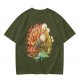 Olive Green T-Shirt with Whimsical Nature Floral and Rock Art Print