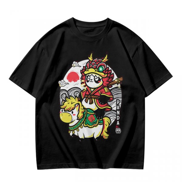 Olive T-shirt with Panda Warrior Riding Mythical Horse Graphic