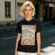 Olive t-shirt with ukiyo-e style ramen cat and Mount Fuji print