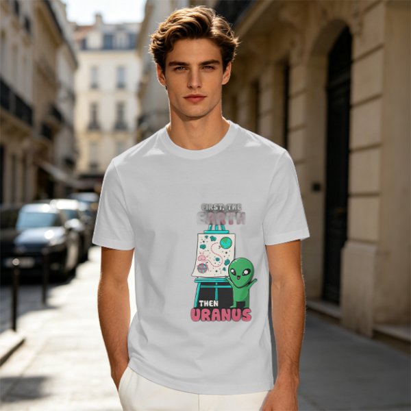 Olive green graphic tee with alien painting 'First the Earth Then Uranus'