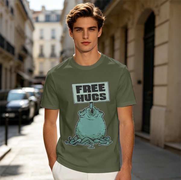 Olive T-Shirt With Free Hugs Monster Graphic Print