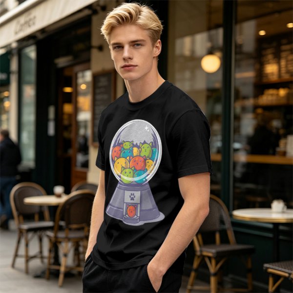 Olive T-Shirt With Cat Gumball Machine Artwork