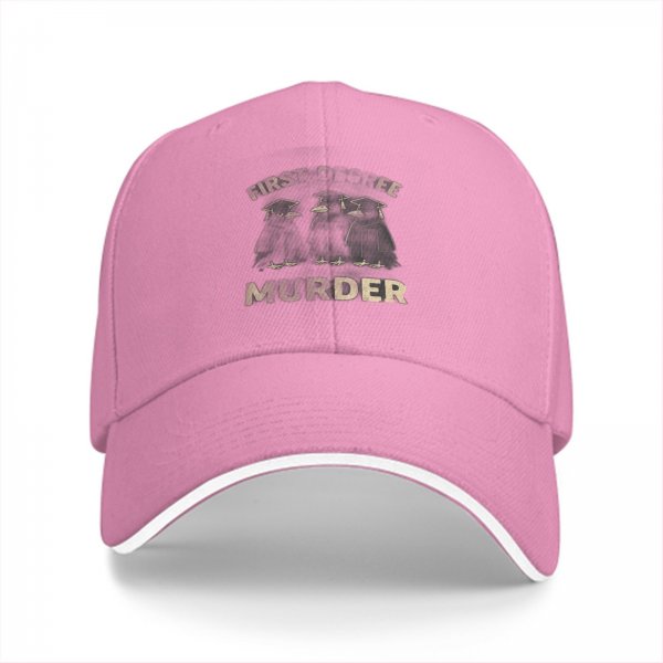 Black baseball cap with 'First Three Murder' and graduation penguins graphic