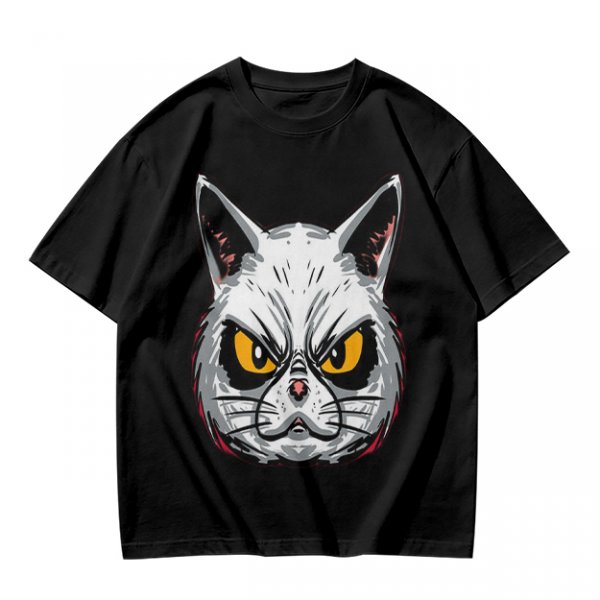 Olive T-Shirt With Angry White Cat Face Graphic