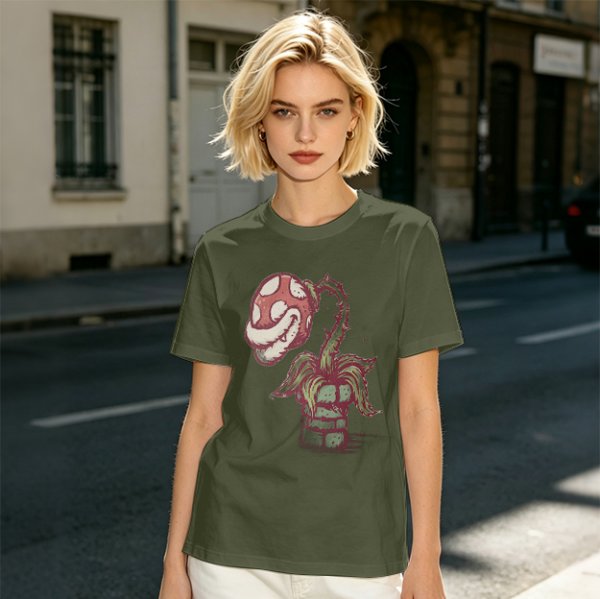 Olive Green T-Shirt With Piranha Plant Graphic Print