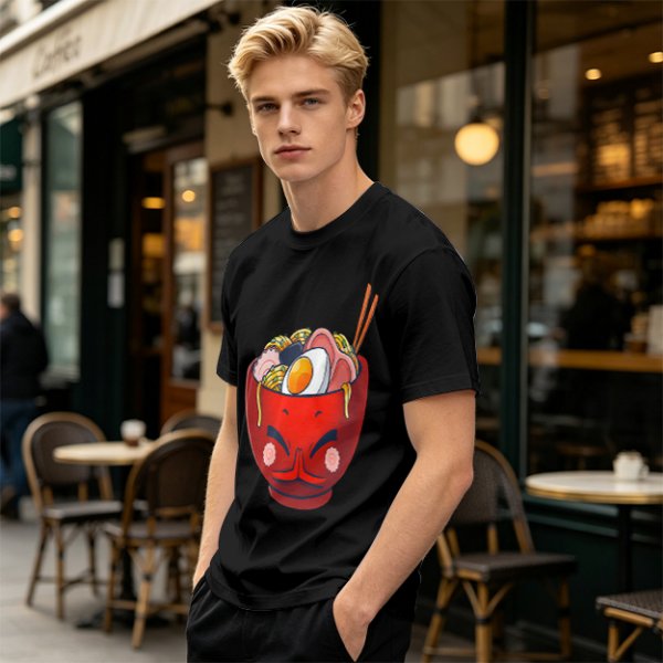 Olive T-Shirt With Cute Cartoon Ramen Bowl Graphic