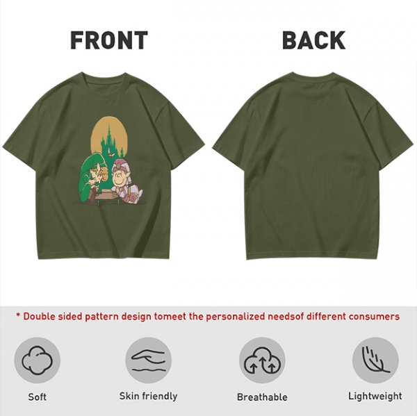 Olive Green T-Shirt With Zelda Themed Cartoon Characters Print