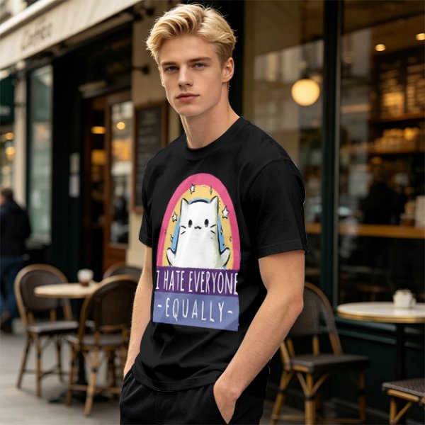 Olive graphic t-shirt with a white cat and 'I hate everyone equally' print