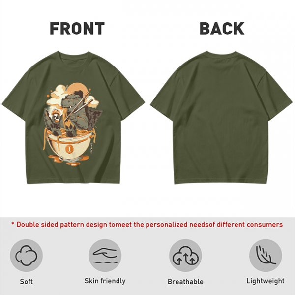 Olive T-Shirt Featuring Godzilla Eating Ramen Noodles