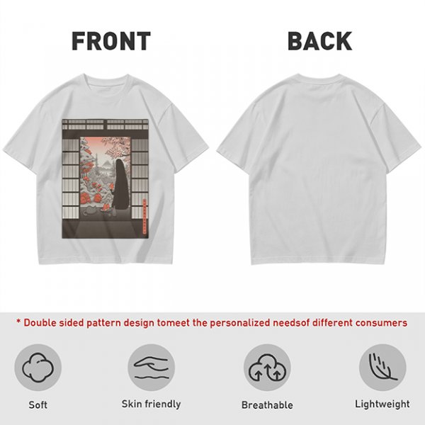 Olive T-Shirt with Japanese Shinto-inspired Window Landscape Print